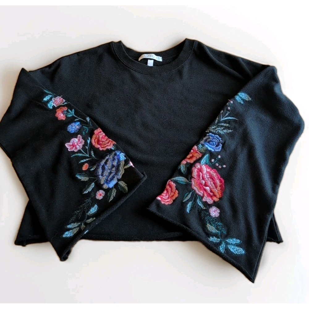 Planet Gold Womens Small Black Embroidered Long Bell Sleeve T Shirt Top